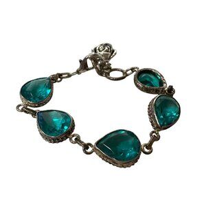 Silver Tone Rose Charm Bracelet With Teardrop Faceted Blue Stones 7.5" Cottage